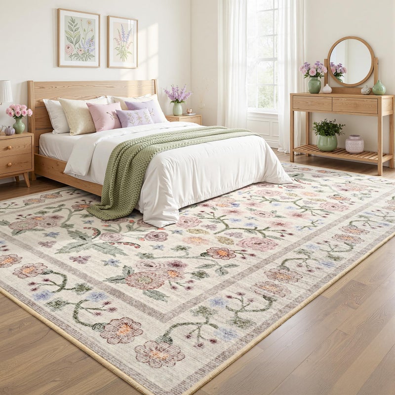 Maxsoft Large Area Rugs for Living Room Bedroom, 5x7 Washable Floral Area Rugs, Non-Slip and Stain Resistant Soft Throw Indoor Carpet for Dining Room Office Kitchen Dorm Home Decor, Pink - Image 3