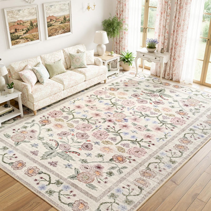 Maxsoft Large Area Rugs for Living Room Bedroom, 5x7 Washable Floral Area Rugs, Non-Slip and Stain Resistant Soft Throw Indoor Carpet for Dining Room Office Kitchen Dorm Home Decor, Pink - Image 2
