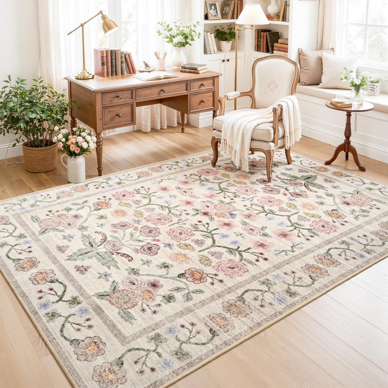 Maxsoft Large Area Rugs for Living Room Bedroom, 5x7 Washable Floral Area Rugs, Non-Slip and Stain Resistant Soft Throw Indoor Carpet for Dining Room Office Kitchen Dorm Home Decor, Pink - Image 4