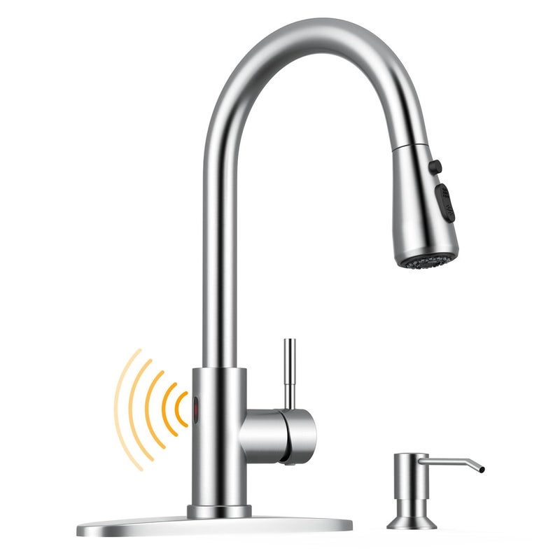 WEWE Touchless Kitchen Sink Faucet with Soap Dispenser, Single Handle Kitchen Faucets with Pull Down Sprayer Smart Motion Sensor Stainless Steel, Brushed Nickel - Image 1