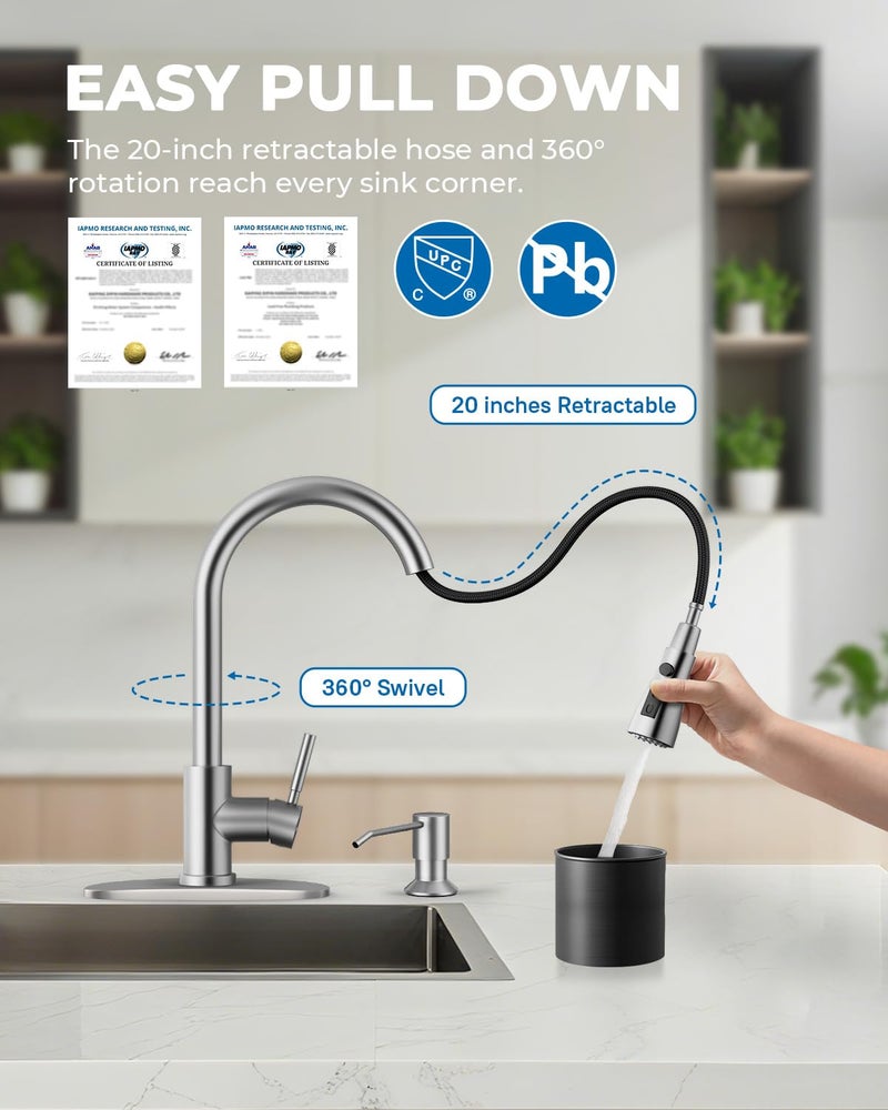 WEWE Touchless Kitchen Sink Faucet with Soap Dispenser, Single Handle Kitchen Faucets with Pull Down Sprayer Smart Motion Sensor Stainless Steel, Brushed Nickel - Image 3