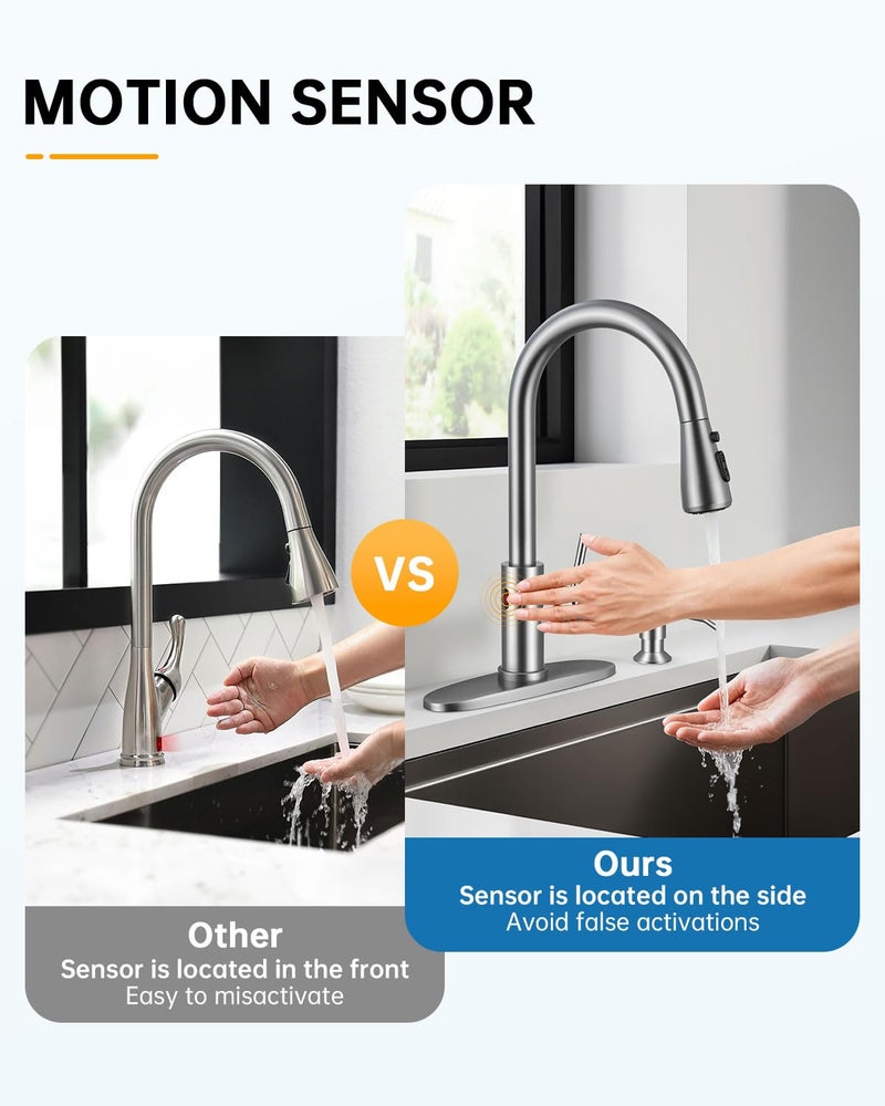 WEWE Touchless Kitchen Sink Faucet with Soap Dispenser, Single Handle Kitchen Faucets with Pull Down Sprayer Smart Motion Sensor Stainless Steel, Brushed Nickel - Image 4