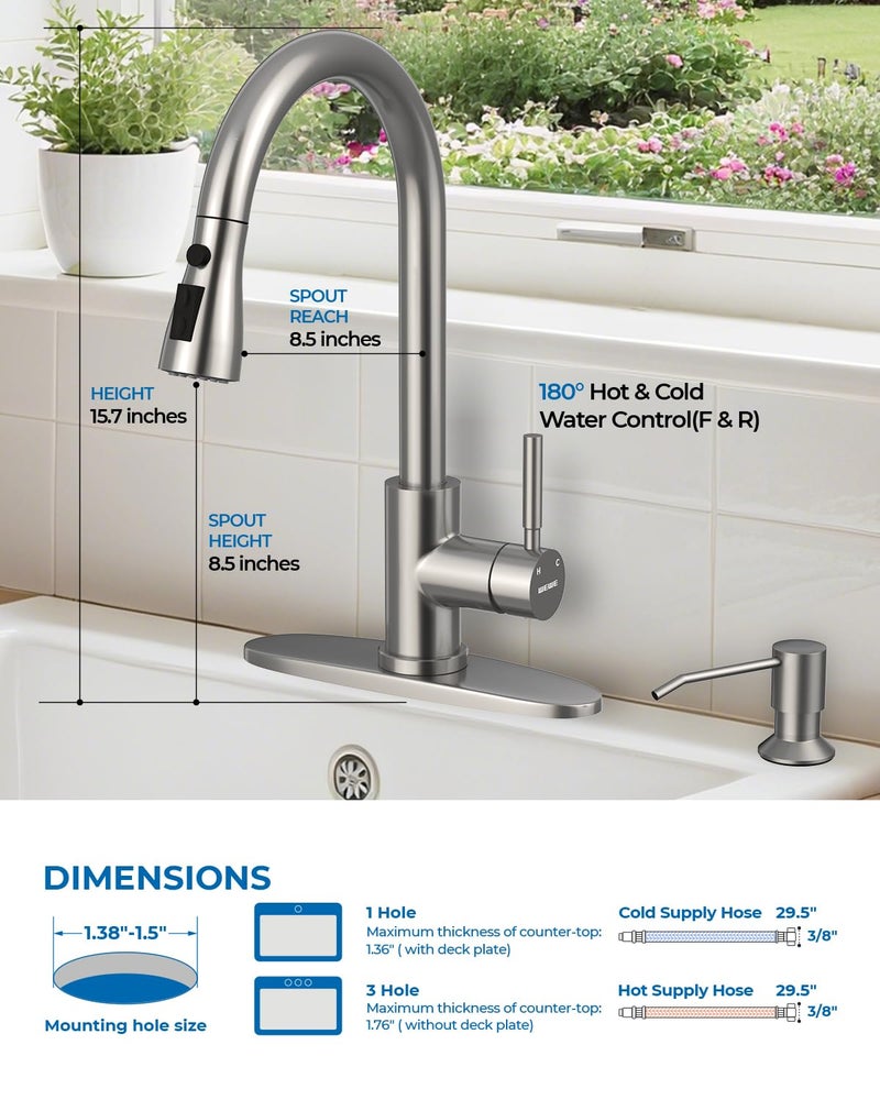 WEWE Touchless Kitchen Sink Faucet with Soap Dispenser, Single Handle Kitchen Faucets with Pull Down Sprayer Smart Motion Sensor Stainless Steel, Brushed Nickel - Image 2