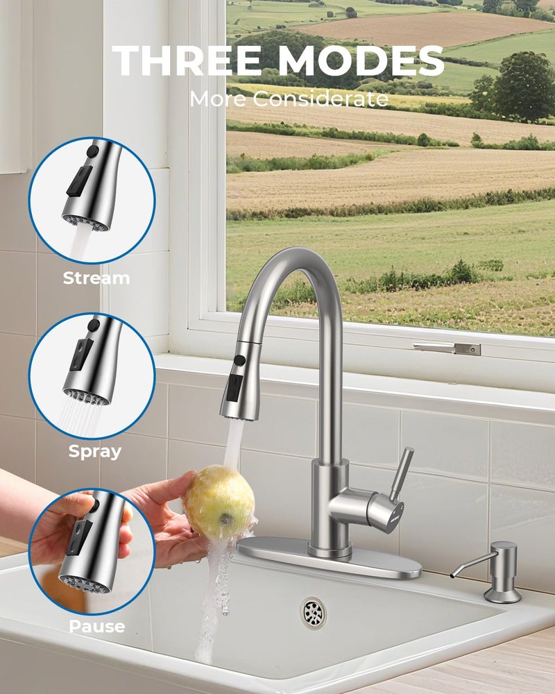 WEWE Touchless Kitchen Sink Faucet with Soap Dispenser, Single Handle Kitchen Faucets with Pull Down Sprayer Smart Motion Sensor Stainless Steel, Brushed Nickel - Image 5