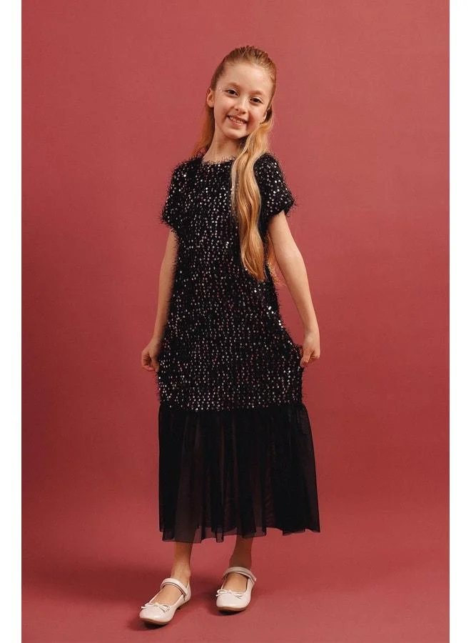 Perendi Girl's Sequin Fringe Tulle Detailed Long Dress – Special Occasion Holiday Dress.