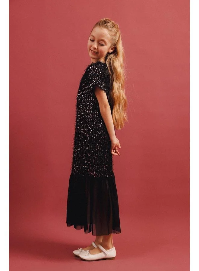 Perendi Girl's Sequin Fringe Tulle Detailed Long Dress – Special Occasion Holiday Dress.