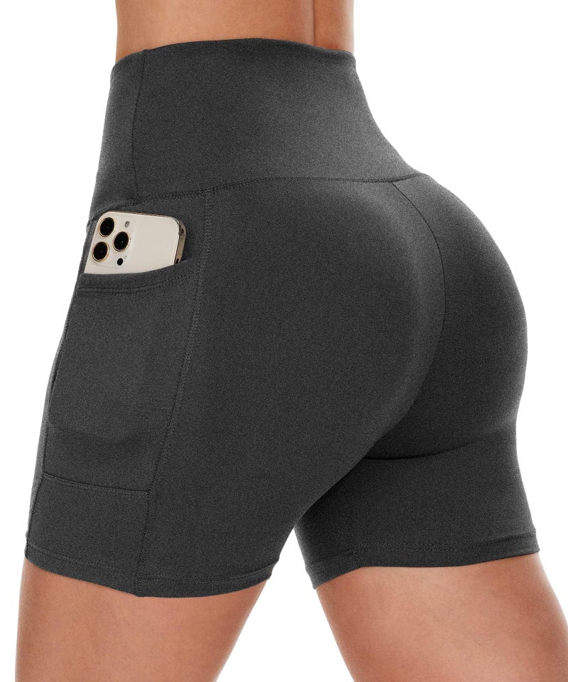 CAMPSNAIL Biker Shorts Women with Pockets - 3"/5"/8" High Waisted Workout Spandex Tummy Control Gym Running Yoga Shorts Dark Grey-Heather - Image 1