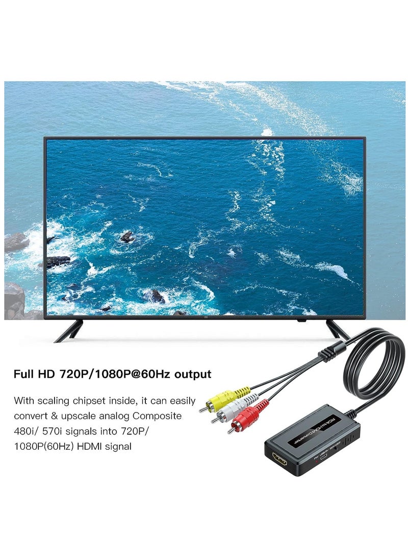 Convert Male RCA to HDMI with Integrated RCA Cable for DVD/STB/VHS, Female RCA Output, CVBS AV Composite to HDMI Converter Supports Full HD 720P/1080P Output Switch