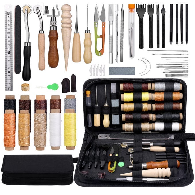 LEATHER WORKING TOOLS LEATHER CRAFT TOOLS AND SUPPLIES LEATHER CRAFT KIT WITH WAXED THREAD STITCHING GROOVER AWL FOR CUTTING PUNCHING LEATHER SEWING CRAFT MAKING AND CRAFT DIY