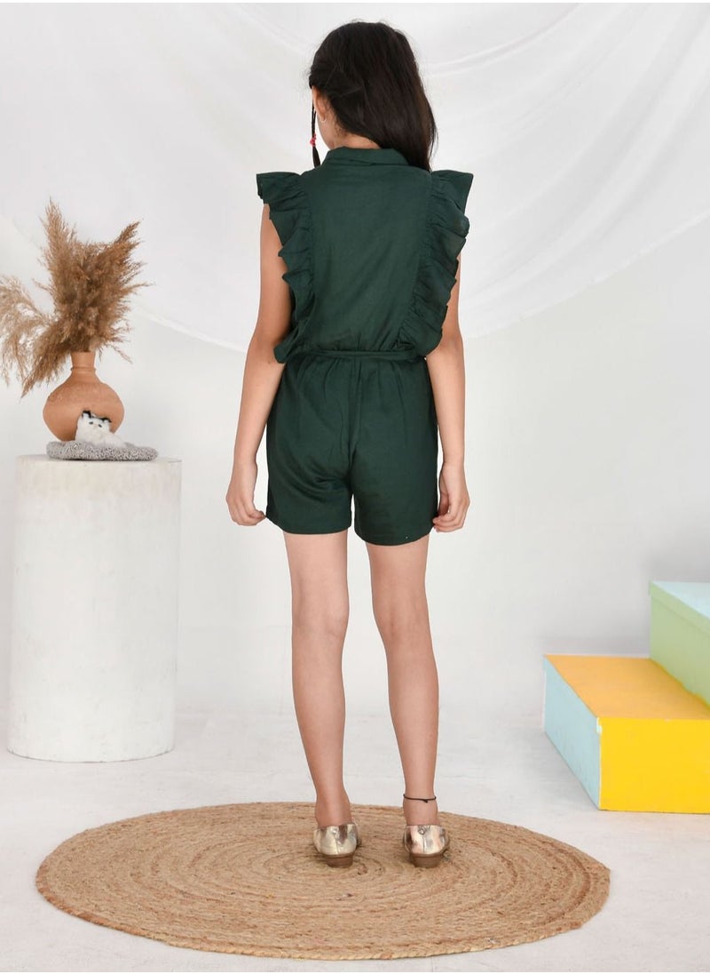 babyqlo Rayon cotton collred dark green jumpsuit for girls  - Image 2