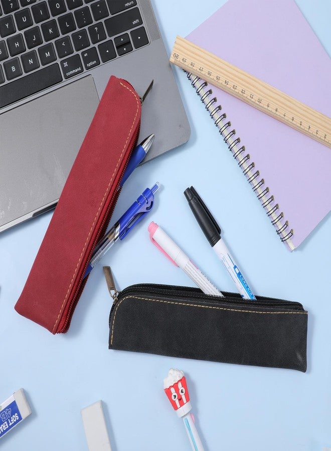 Psyqtsuary Leather Pencil Case, 2 Pcs Slim Small Pencil Pouch Portable Flat Pen Pouch with Zipper Simple Makeup Bag Lipstick Case for Women Men Home, Office, Travel Outdoor (Black, Claret) - Image 4