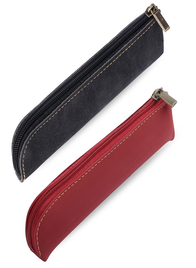 Psyqtsuary Leather Pencil Case, 2 Pcs Slim Small Pencil Pouch Portable Flat Pen Pouch with Zipper Simple Makeup Bag Lipstick Case for Women Men Home, Office, Travel Outdoor (Black, Claret) - Image 1