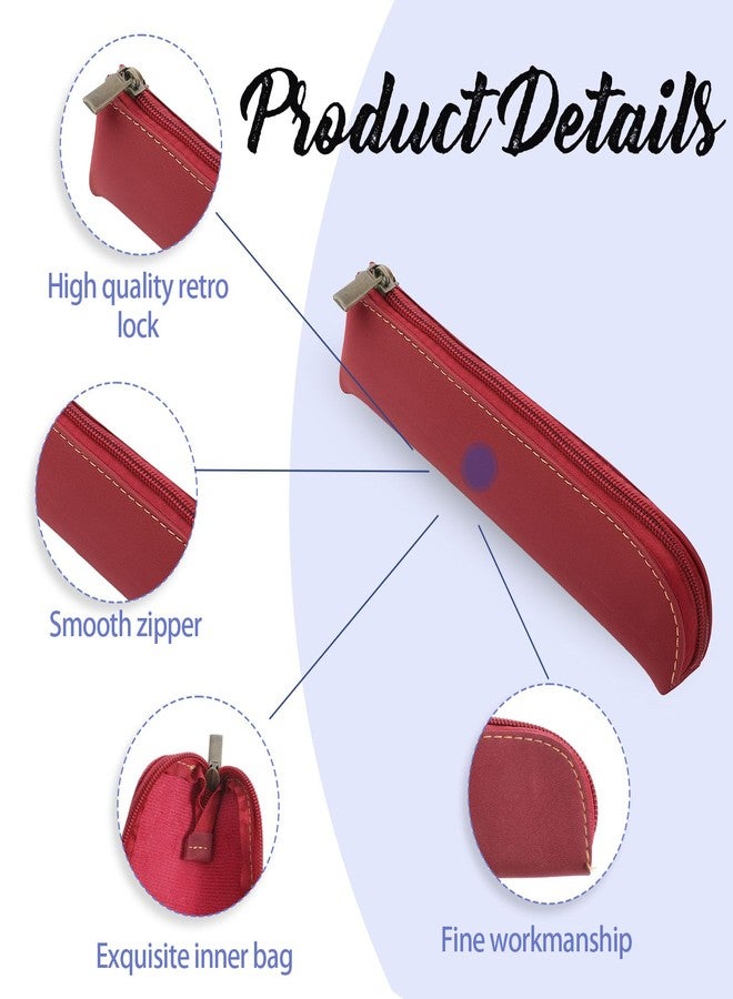 Psyqtsuary Leather Pencil Case, 2 Pcs Slim Small Pencil Pouch Portable Flat Pen Pouch with Zipper Simple Makeup Bag Lipstick Case for Women Men Home, Office, Travel Outdoor (Black, Claret) - Image 3