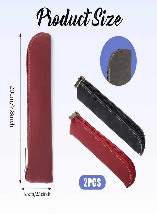 Psyqtsuary Leather Pencil Case, 2 Pcs Slim Small Pencil Pouch Portable Flat Pen Pouch with Zipper Simple Makeup Bag Lipstick Case for Women Men Home, Office, Travel Outdoor (Black, Claret) - Image 2