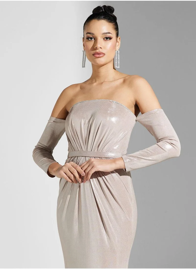 Akadia Fashion Bardot Belted Shimmer Dress