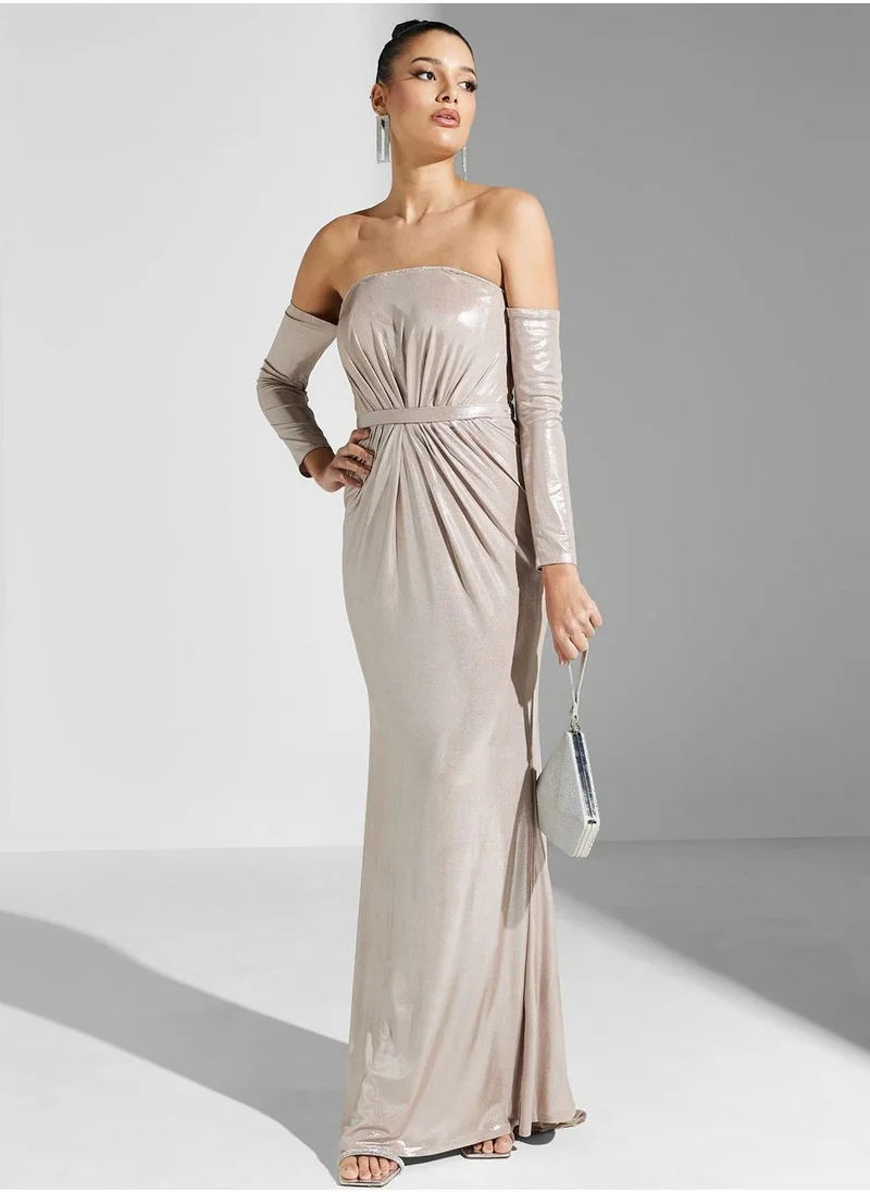 Akadia Fashion Bardot Belted Shimmer Dress