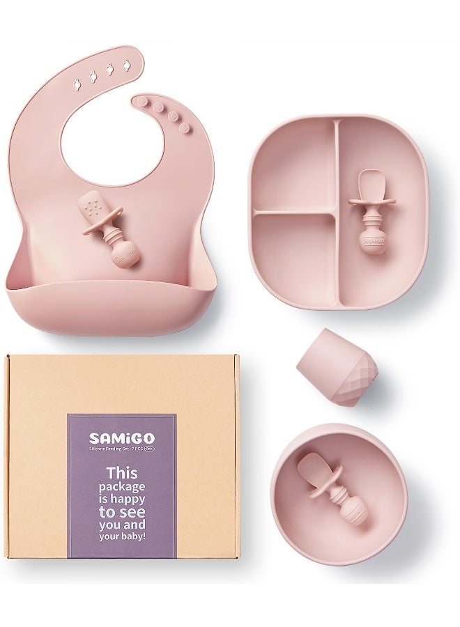 SAMiGO Silicone Baby Feeding Set - Baby Led Weaning Supplies - Toddler Dish Set with Suction Bowl Divided Plate Bib Cup Self Feeding Spoons - First Stage Eating Utensils - 6 Months+ - Blossom - Image 1