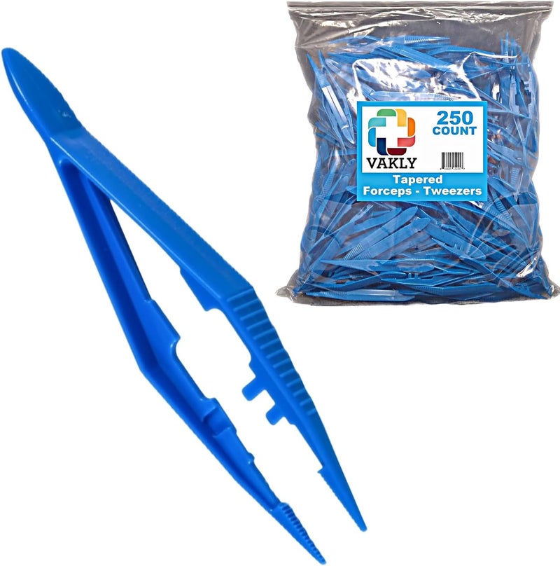Vakly Plastic Forceps Tweezers Blue Disposable First Aid Pickup Grabbers with Finger Ridges, Serrated Tips and narrow points for Medical, Crafts, Lab and School Science Class… (250) - Image 1