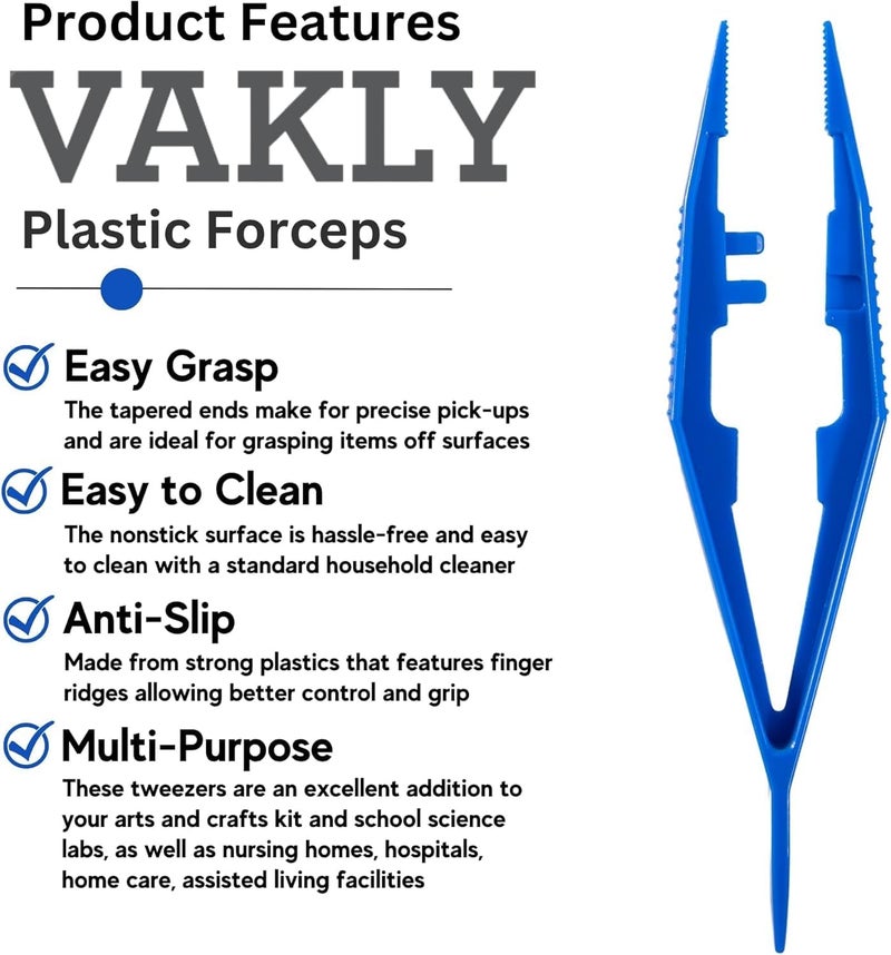 Vakly Plastic Forceps Tweezers Blue Disposable First Aid Pickup Grabbers with Finger Ridges, Serrated Tips and narrow points for Medical, Crafts, Lab and School Science Class… (250) - Image 2