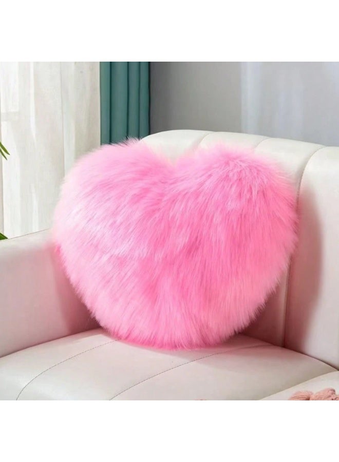Bright Pink Heart Shaped Faux Fur Decorative Throw Pillow – Ultra Soft Plush Fluffy Cushion for Sofa, Bed and Chair – Romantic Cozy Accent Pillow for Bedroom, Living Room and Cute Home Decor - Image 1