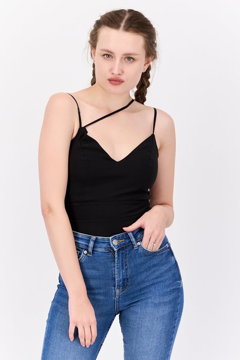 Extro&Vert Women Plain Sleeveless Bodysuit, Black - Image 1