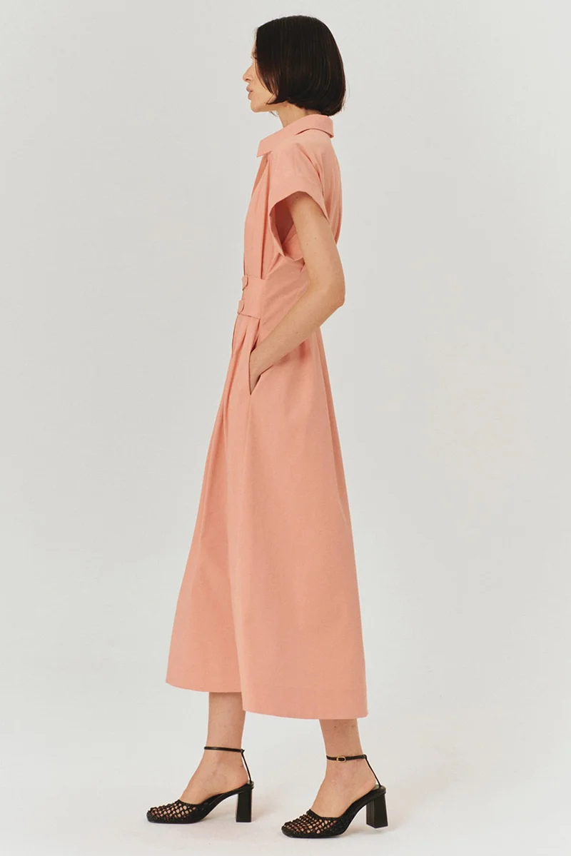 EXQUISE Dropped Sleeve Midi Length Cotton Shirt Dress with Belt Detail