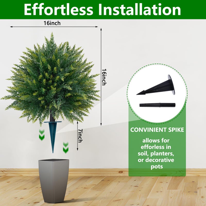 Yangrass 2PCS Artificial Cedar Topiary Ball Trees 23" for Outdoors with Ground Spike, UV Resistant Artificial Cypress Trees, Evergreen Shrubs Bushes Faux Plants for Front Porch Garden Backyard - Image 3