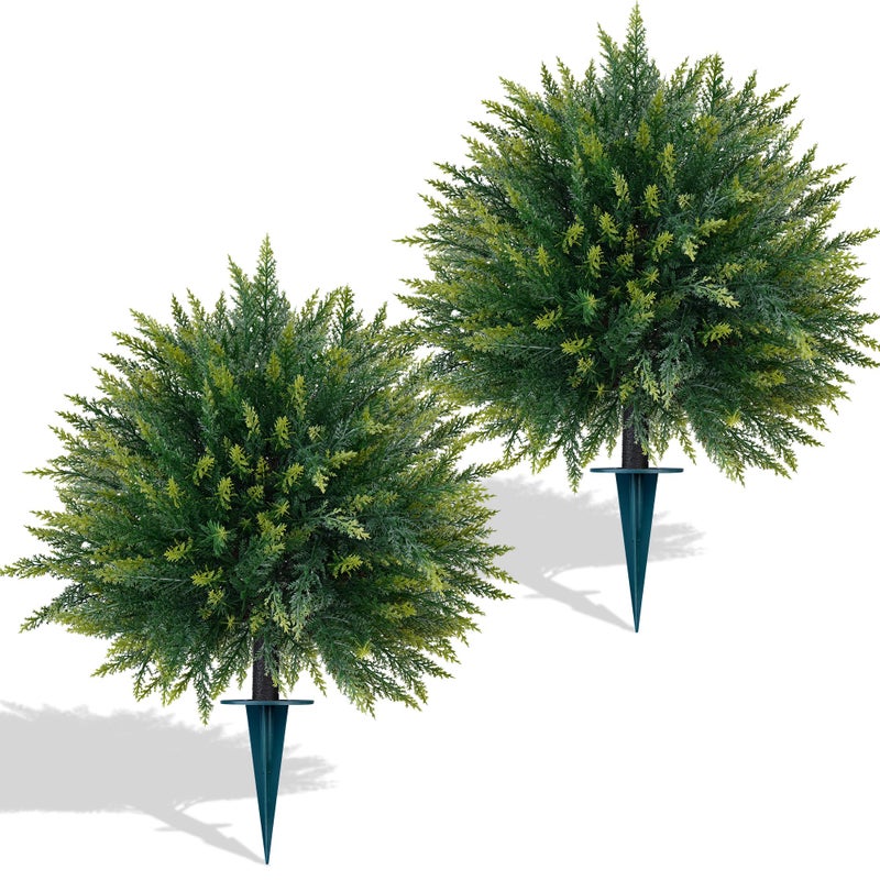 Yangrass 2PCS Artificial Cedar Topiary Ball Trees 23" for Outdoors with Ground Spike, UV Resistant Artificial Cypress Trees, Evergreen Shrubs Bushes Faux Plants for Front Porch Garden Backyard - Image 1