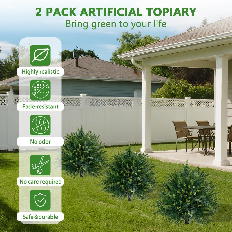 Yangrass 2PCS Artificial Cedar Topiary Ball Trees 23" for Outdoors with Ground Spike, UV Resistant Artificial Cypress Trees, Evergreen Shrubs Bushes Faux Plants for Front Porch Garden Backyard - Image 5