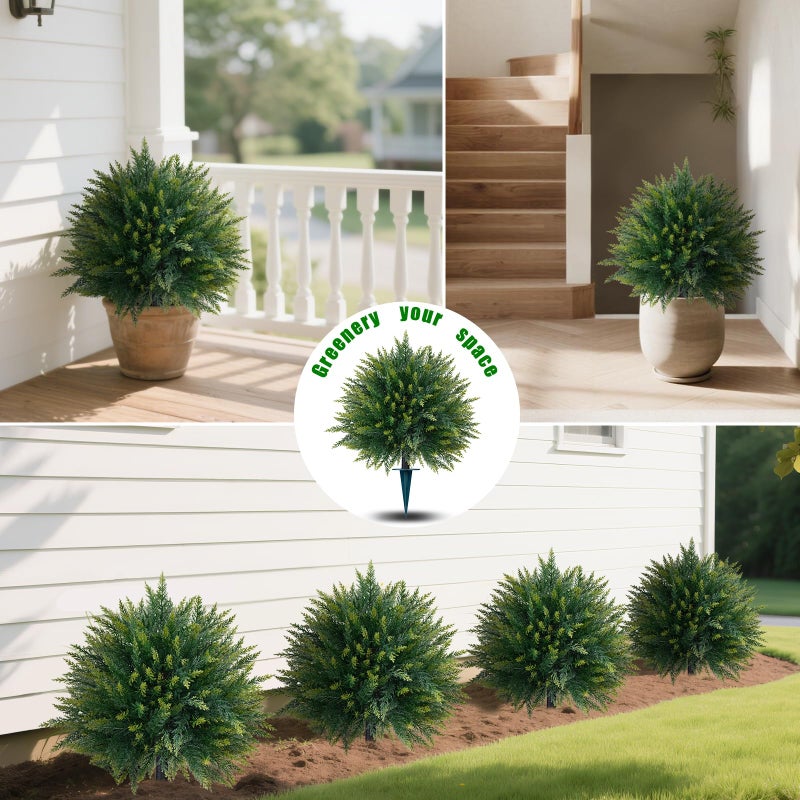 Yangrass 2PCS Artificial Cedar Topiary Ball Trees 23" for Outdoors with Ground Spike, UV Resistant Artificial Cypress Trees, Evergreen Shrubs Bushes Faux Plants for Front Porch Garden Backyard - Image 4