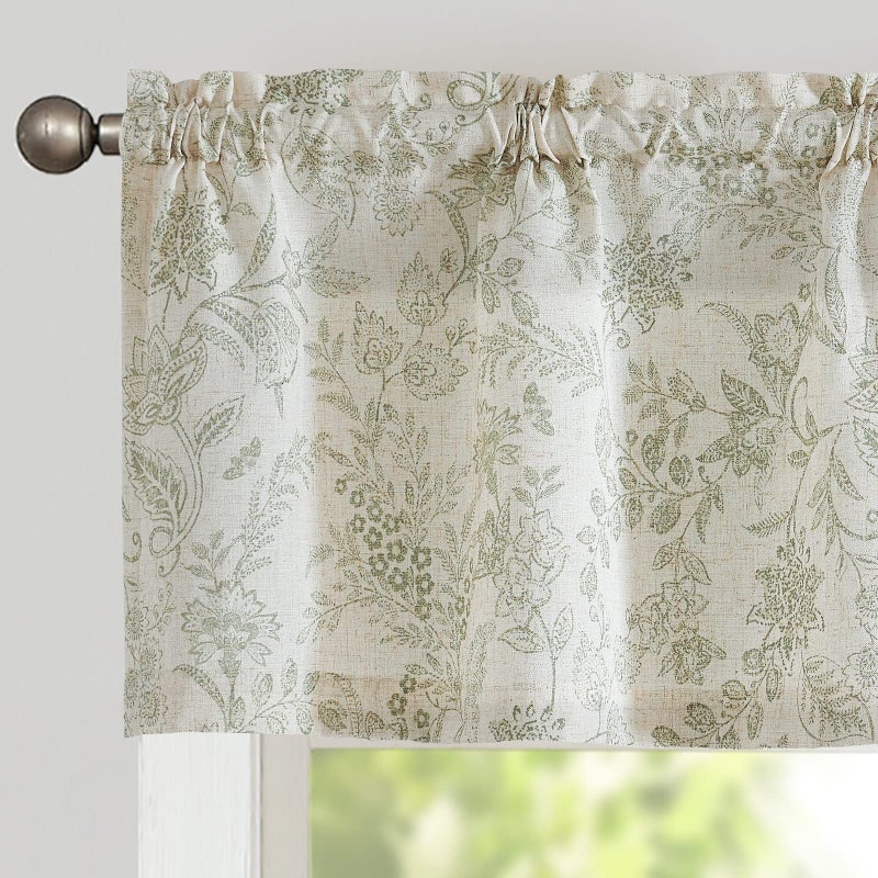 لازي ستارة Lazzzy Kitchen Linen Floral Farmhouse Valance لغرفة المعيشة والحمام وغرفة النوم - ستائر نوافذ ريفية، ستائر صغيرة للنوافذ، جيب للعمود مقاس 16 بوصة، لوحة واحدة، أخضر على بيج - Image 1