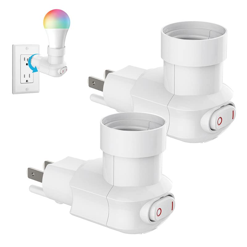 MIKWOAB 2 Pack Outlet to Socket Adapter, 360Â° Rotatable Plug in Light Bulb Socket with On/Off Switch, 3-Prong Outlet to E26 E27 Screw Base Bulb Socket (ETL Listed, White) - Image 1