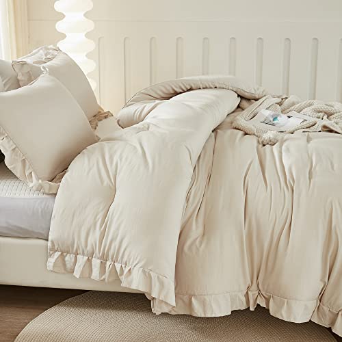 Litanika Comforter Full Size Set Beige, 3 Pieces Ruffle Lightweight Bedding Comforter Set, Fluffy Bed Set (79x90In Comforter, 2 Pillowcases) - Image 5