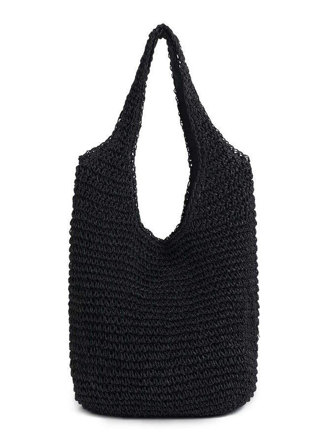 QTKJ Hand-woven Soft Large Straw Shoulder Bag Boho Straw Handle Tote Retro Summer Beach Bag Rattan Handbag (Black) - Image 1