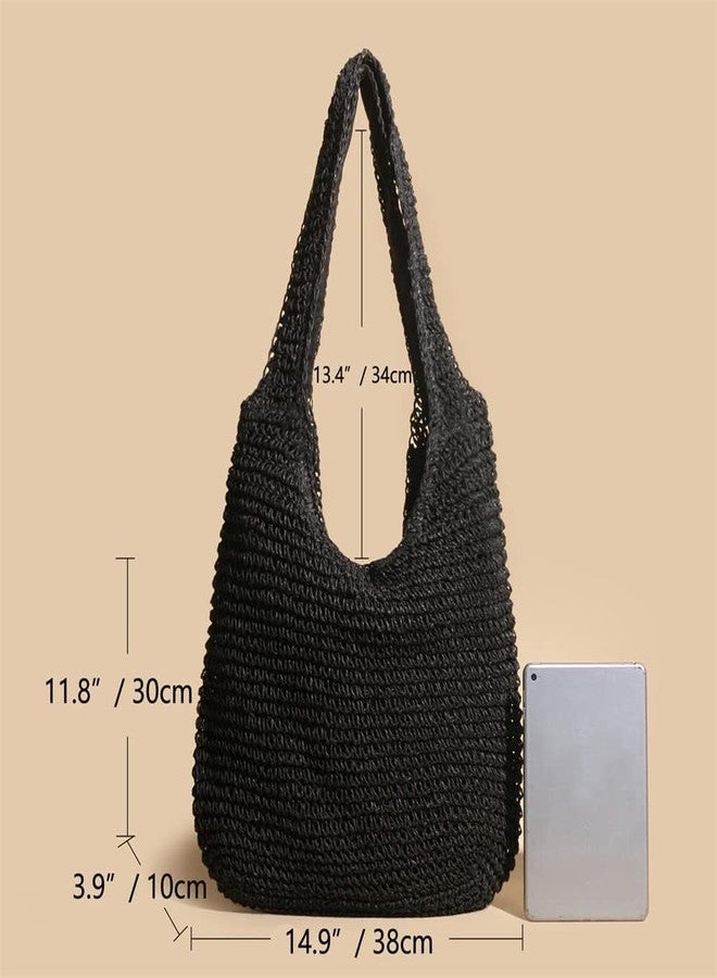 QTKJ Hand-woven Soft Large Straw Shoulder Bag Boho Straw Handle Tote Retro Summer Beach Bag Rattan Handbag (Black) - Image 4