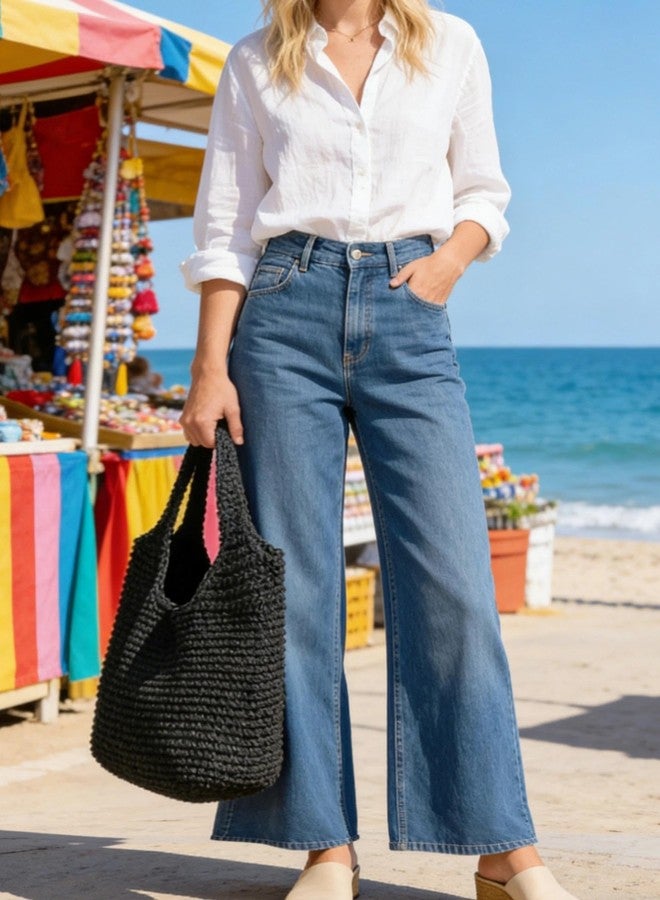 QTKJ Hand-woven Soft Large Straw Shoulder Bag Boho Straw Handle Tote Retro Summer Beach Bag Rattan Handbag (Black) - Image 2