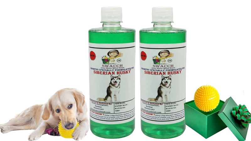 swacch Shampoo | Puppy Safe Shampoo | PH Balanced | Ditch to Itch for Siberian Husky Dog Shampoo 500ml Pack of 2 (Neem Alovera) + Spike Ball Chew Toy Combo Pack - Image 1