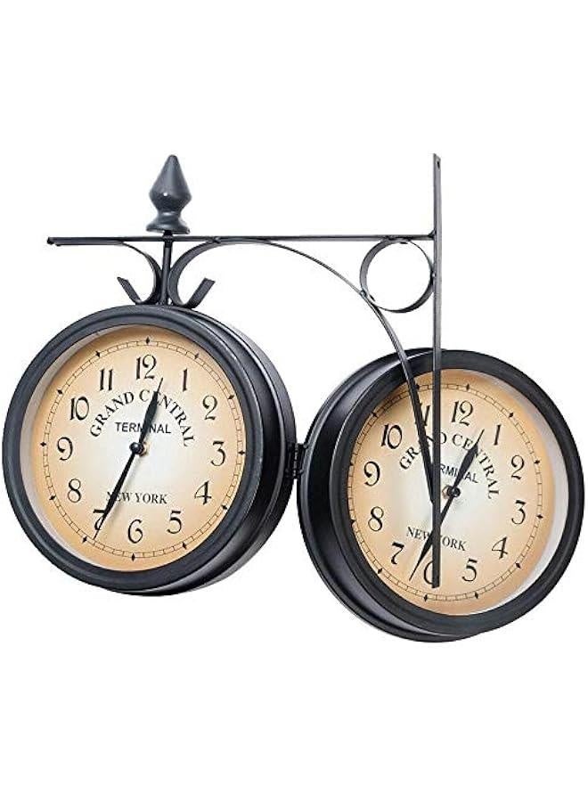 Garden Clocks Outdoor Waterproof, Wrought Iron Vintage Decorative Double-Sided Outdoor Clocks for The Garden Wall Mounted Battery Powered Metal Hanger Outside Clock Coffee Bar Round Station A - Image 2