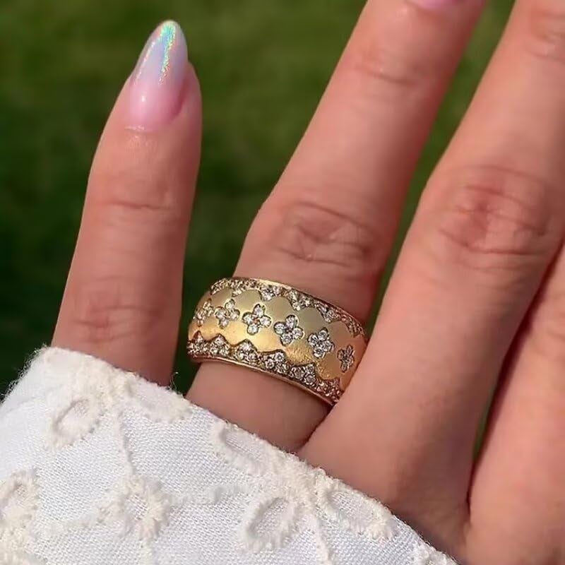 EUJHRTM 18K Gold Italian Handcrafted Brushed Buccellati-Style Ring â€“ Luxury Four-Leaf Clover Diamond-Cut Zirconia Ring for Women, Elegant Vintage Royal Jewelry Size 7 - Image 4