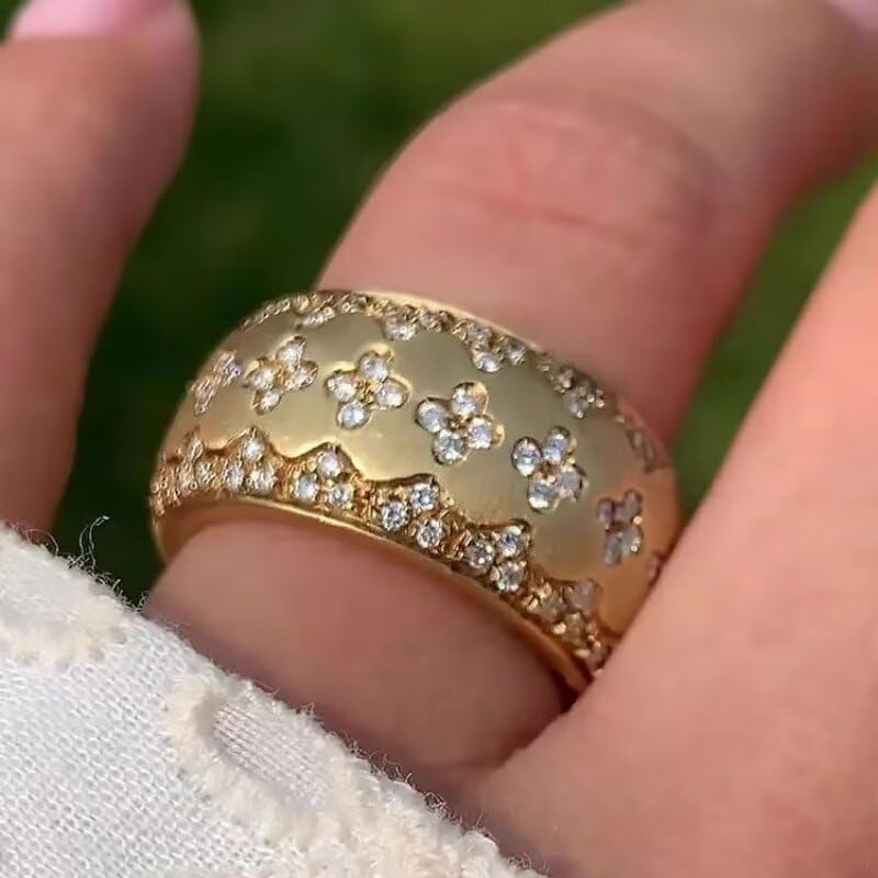 EUJHRTM 18K Gold Italian Handcrafted Brushed Buccellati-Style Ring â€“ Luxury Four-Leaf Clover Diamond-Cut Zirconia Ring for Women, Elegant Vintage Royal Jewelry Size 7 - Image 5