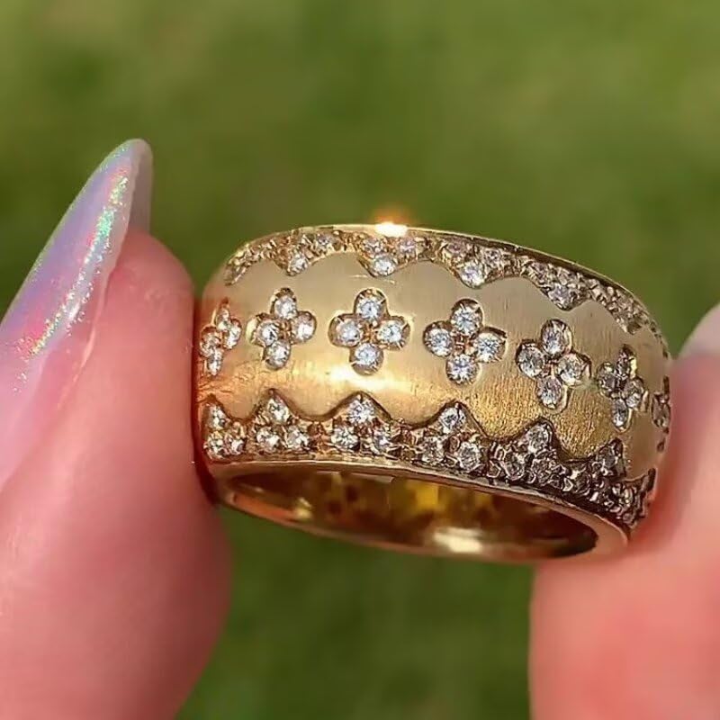 EUJHRTM 18K Gold Italian Handcrafted Brushed Buccellati-Style Ring â€“ Luxury Four-Leaf Clover Diamond-Cut Zirconia Ring for Women, Elegant Vintage Royal Jewelry Size 7 - Image 2