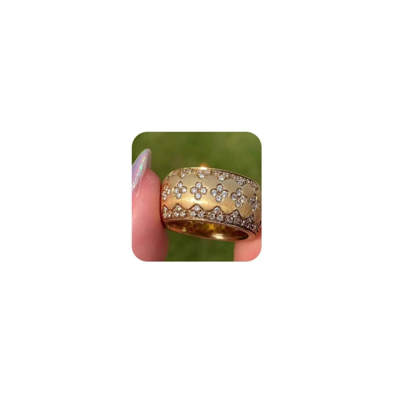EUJHRTM 18K Gold Italian Handcrafted Brushed Buccellati-Style Ring â€“ Luxury Four-Leaf Clover Diamond-Cut Zirconia Ring for Women, Elegant Vintage Royal Jewelry Size 7 - Image 1