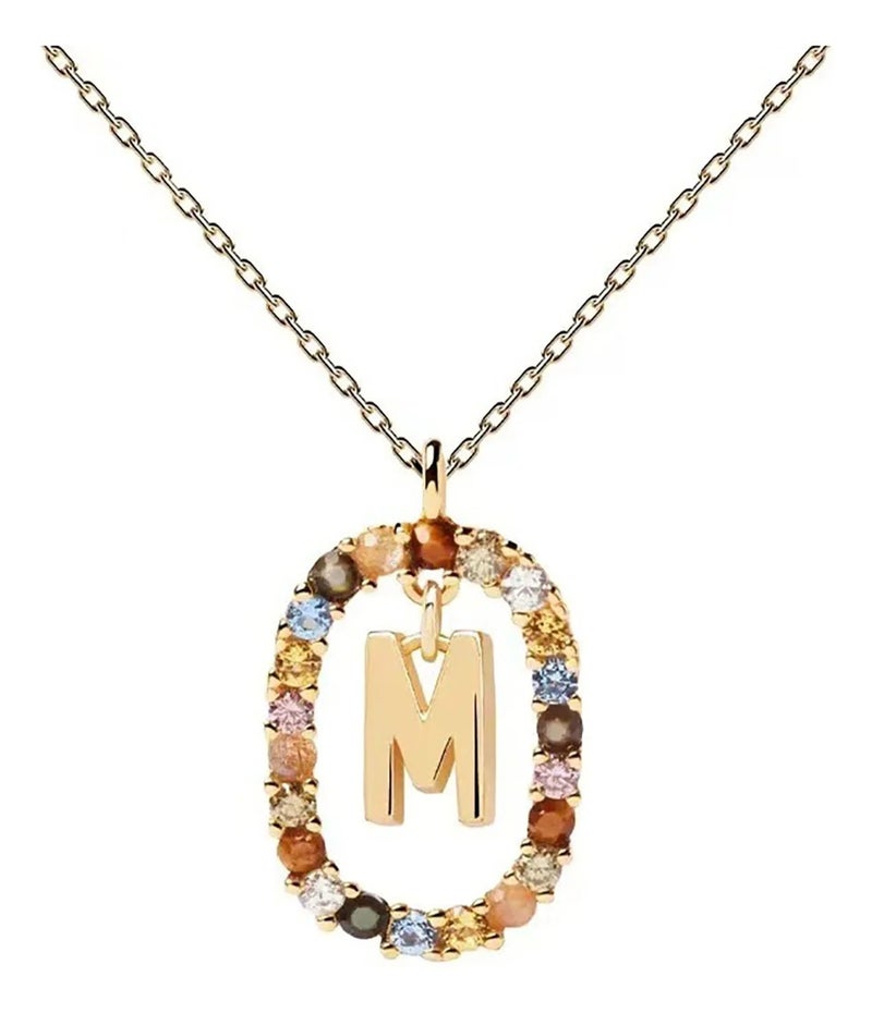 سلسلة أستانليس ستيل ذهبي مع دلاية مرصعة بفصوص الزيركون حرف M
