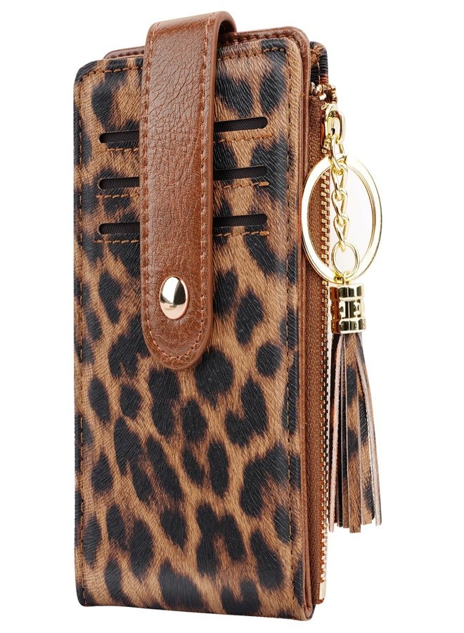 Simikol Slim Card Holder Wallet for Women RFID Blocking Leather Multi Card Bifold Wallet with Tassel Zipper Coin Pocket,Leopard - Image 3