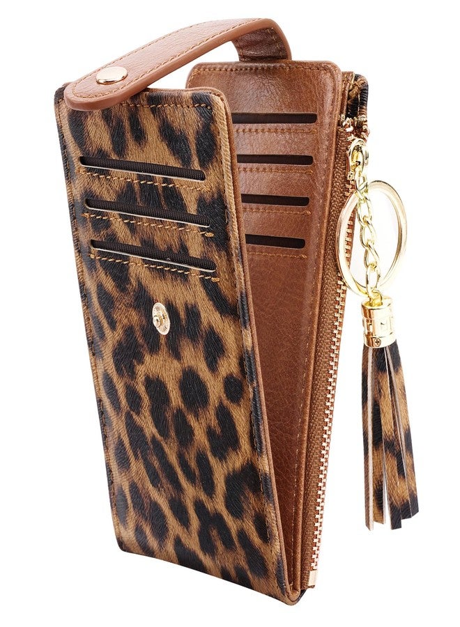 Simikol Slim Card Holder Wallet for Women RFID Blocking Leather Multi Card Bifold Wallet with Tassel Zipper Coin Pocket,Leopard - Image 1