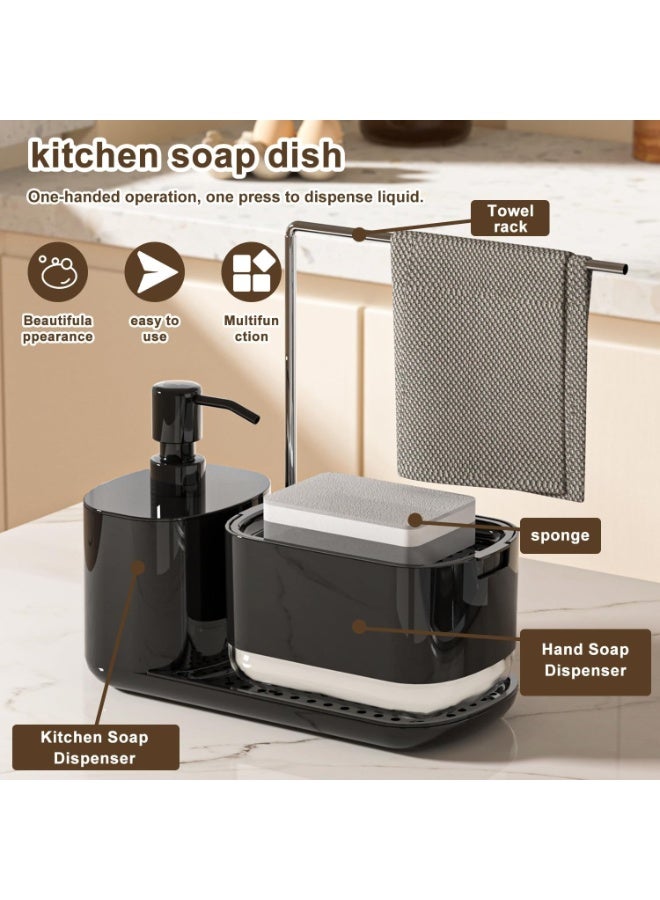 HASHONE مجموعة موزع صابون لليدين والأطباق لحوض المطبخ، موزع بمضخة مزدوجة مع حامل إسفنجة، رف مناشف، ومنظم لسطح العمل - Image 2