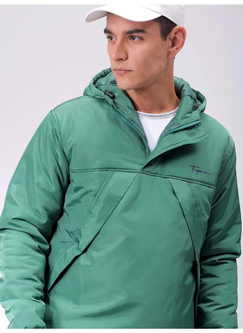 The Indian Garage Co Mens Green Slim Fit Plain Hooded Half Placket Side Pocket Winter Jacket