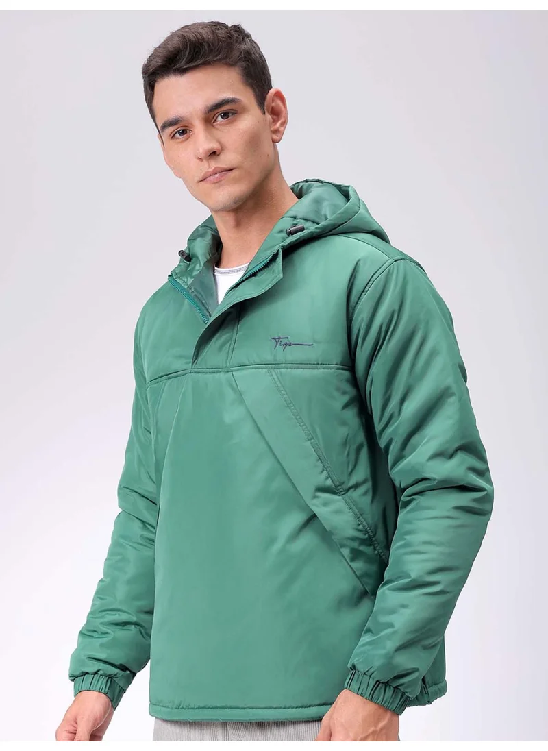 The Indian Garage Co Mens Green Slim Fit Plain Hooded Half Placket Side Pocket Winter Jacket