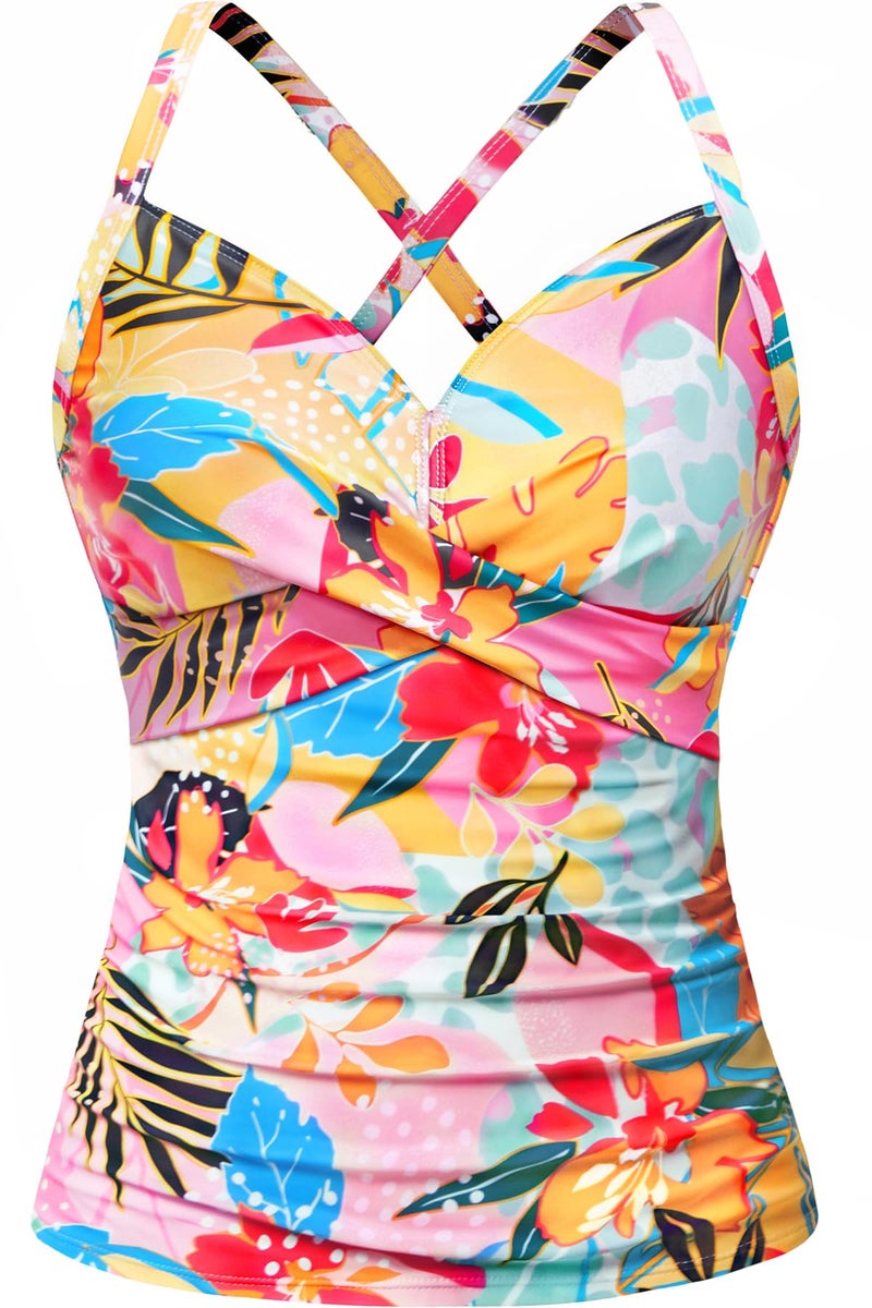 Tempt Me Women Tankini Bathing Suit Top - Twist Front V Neck Swim Top Only Ruched Tummy Control No Bottom 2025 Colorful Floral L - Image 1