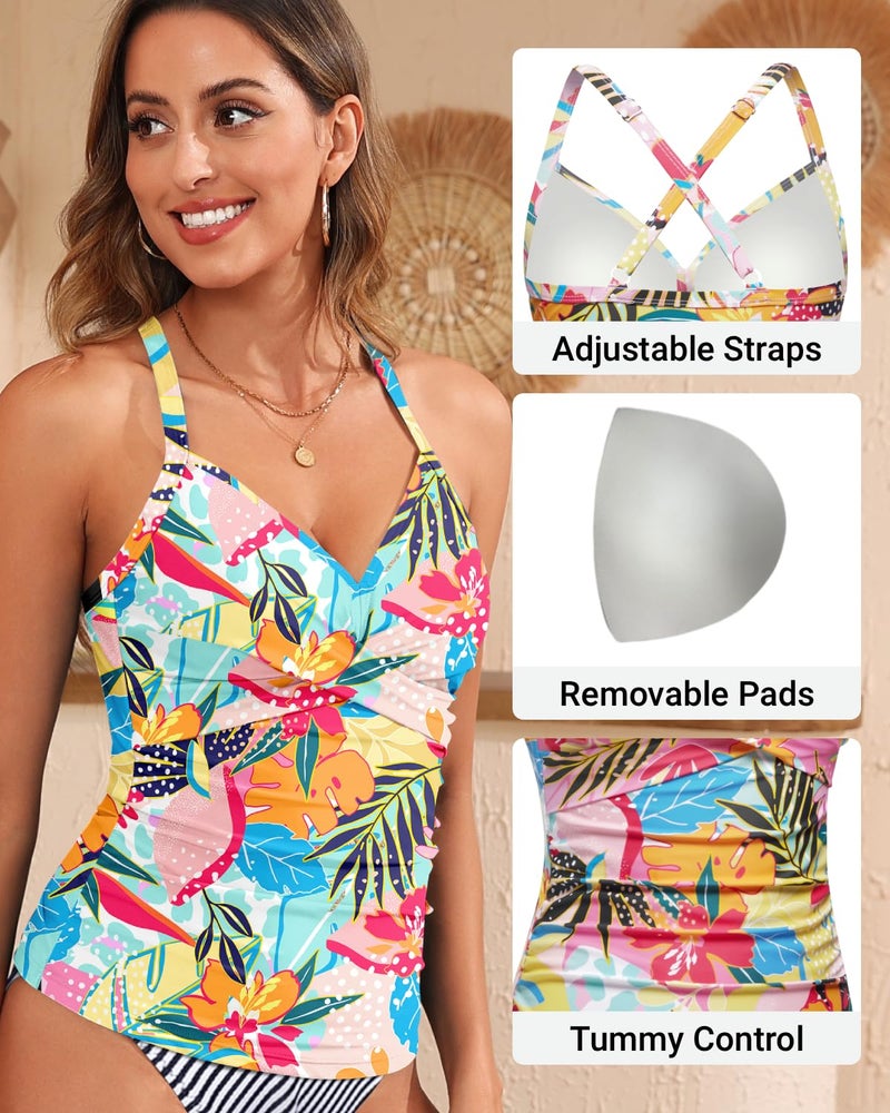 Tempt Me Women Tankini Bathing Suit Top - Twist Front V Neck Swim Top Only Ruched Tummy Control No Bottom 2025 Colorful Floral L - Image 4